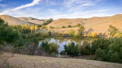 Aerial view of a pond in Garin Dry Creek Pioneer Reginal Park during golden hour, East San Francisco bay, California