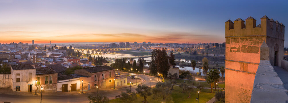 Badajoz panoramic skyline at dusk, Spain
