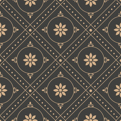 Vector damask seamless retro pattern background round geometry check cross frame dot line flower