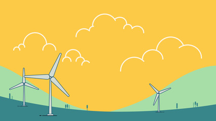 Wind power turbine on hill with sky Vector illustration.Green energy concept.Modern Nature landscape with wind turbine design.Ecology environmental background.