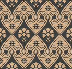 Vector damask seamless retro pattern background spiral round vortex cross frame leaf flower