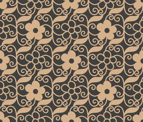 Vector damask seamless retro pattern background botanic garden spiral curve cross leaf vine flower