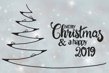 Tree, Merry Christmas And A Happy 2019, Gray Sparkling Background
