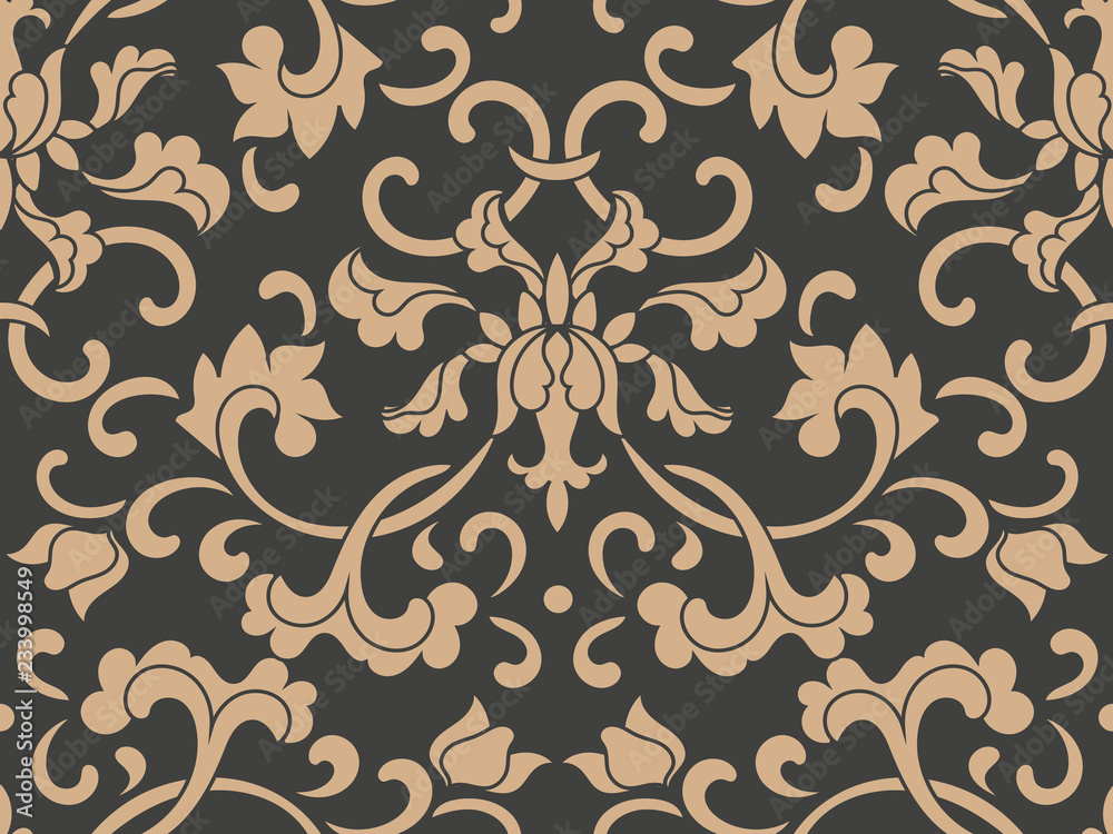 Wall mural vector damask seamless retro pattern background botanic garden spiral curve cross leaf frame vine fl