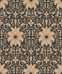 Vector damask seamless retro pattern background botanic garden spiral curve cross leaf frame vine flower