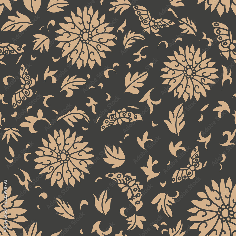 Wall mural vector damask seamless retro pattern background oriental spiral curve cross frame vine leaf flower