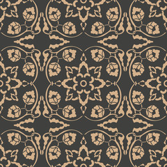 Vector damask seamless retro pattern background oriental spiral curve cross frame vine leaf flower