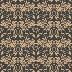 Vector damask seamless retro pattern background oriental spiral curve cross frame vine leaf flower