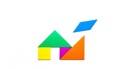 shaping different houses by colorful tangram on white timelapse - Powered by Adobe