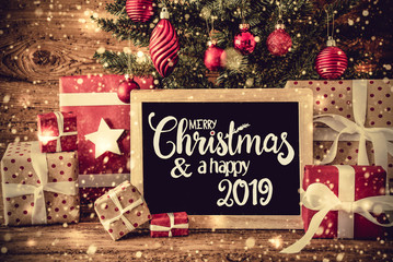 Tree, Retro Gifts, Calligraphy Merry Christmas And A Happy 2019