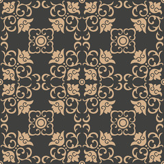 Vector damask seamless retro pattern background oriental spiral curve cross frame vine leaf flower