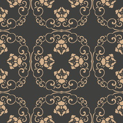 Vector damask seamless retro pattern background oriental spiral curve polygon cross leaf vine flower