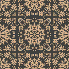 Vector damask seamless retro pattern background oriental round spiral curve cross frame vine leaf flower chain