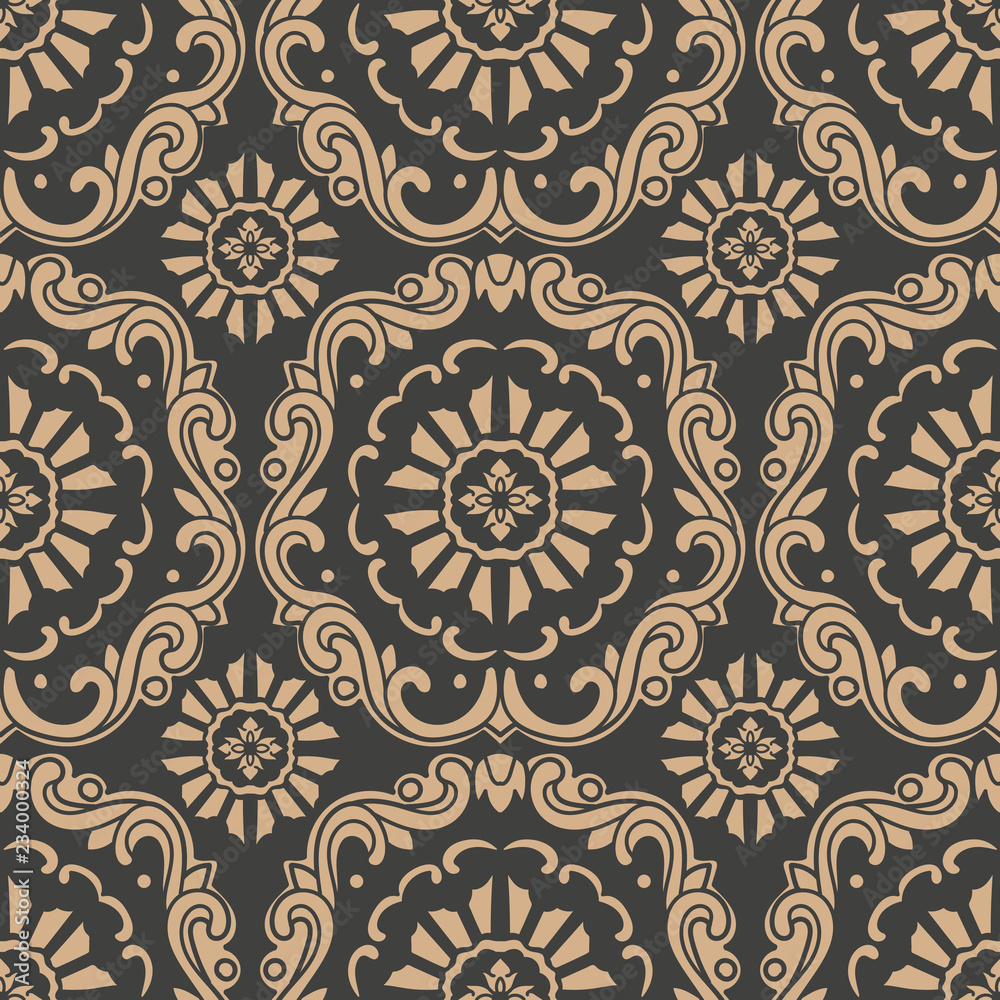 Wall mural vector damask seamless retro pattern background oriental round spiral curve cross frame vine leaf fl