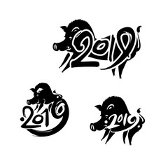 Boar 2019. Pig 2019. Set of three handwritten templates with the inscription and pig. Black vector template. Imitation of painting with brush and ink. New Year on the Chinese calendar.
