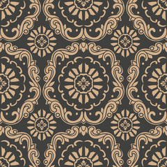 Vector damask seamless retro pattern background oriental round spiral curve cross frame vine leaf flower chain