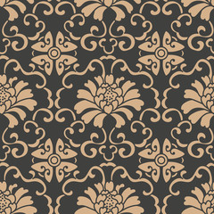 Vector damask seamless retro pattern background oriental round spiral curve cross frame vine leaf flower peony chain