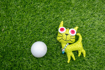 Obraz premium Cat with golf ball on green grass