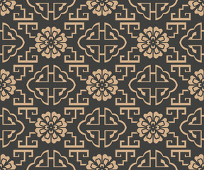 Vector damask seamless retro pattern background oriental geometry spiral cross frame lattice leaf vine chain flower