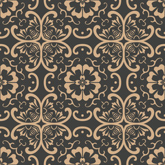Vector damask seamless retro pattern background spiral curve cross oriental frame chain leaf vine flower