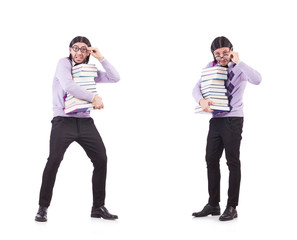 Funny student with books isolated on white