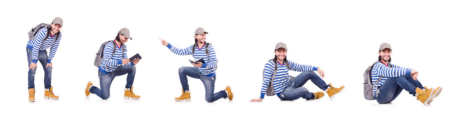 Student with backpack isolated on the white