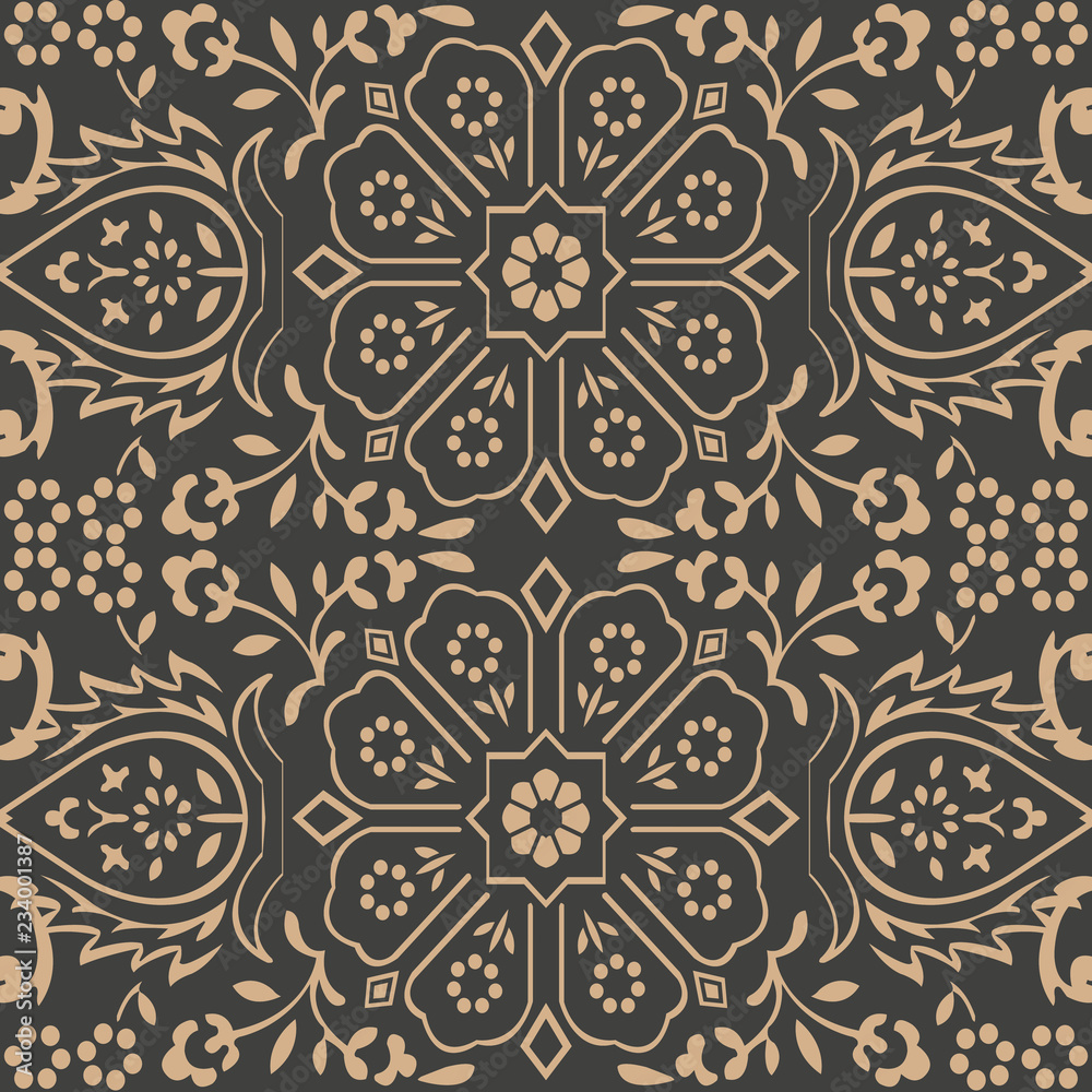 Wall mural vector damask seamless retro pattern background geometry cross polygon frame chain leaf flower
