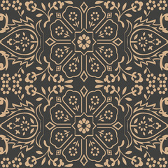 Vector damask seamless retro pattern background geometry cross polygon frame chain leaf flower