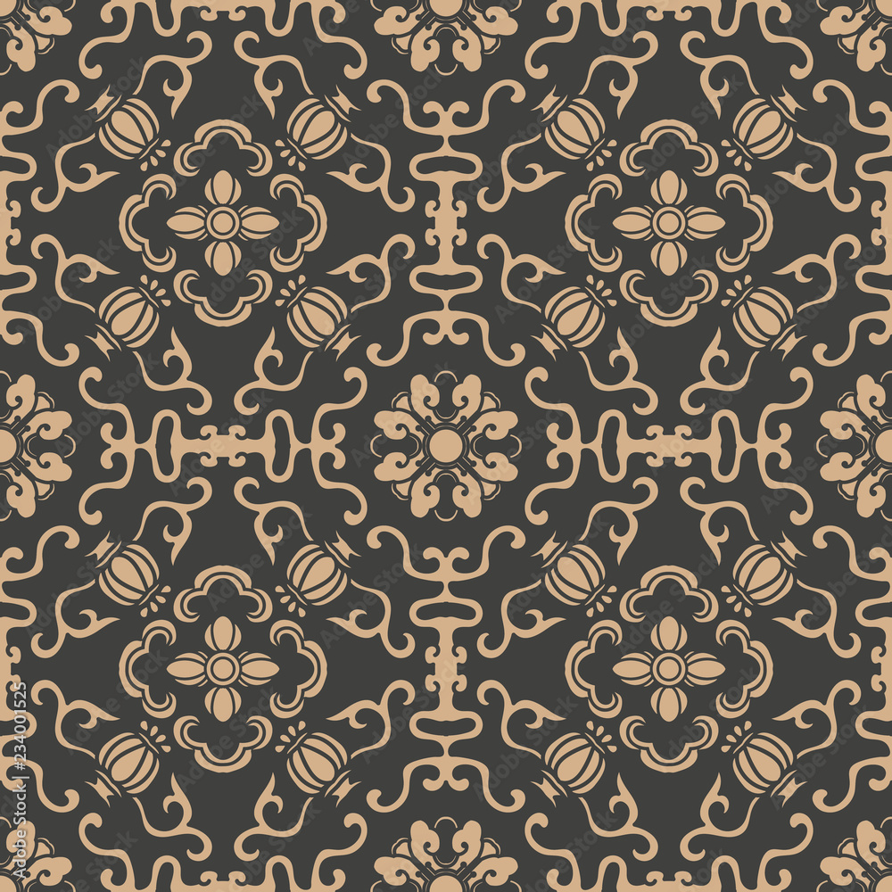 Wall mural vector damask seamless retro pattern background spiral curve cross oriental frame chain vine flower