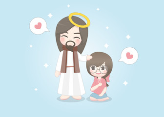 Jesus and cute girl happily talk to each other. Character design vector illustration. 