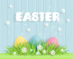 Easter concept with  eggs on the grass , Blue wooden wall background, vector illustration.