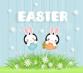 Easter concept with cute rabbits and easter eggs on a wooden wall, vector illustration.