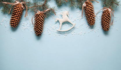 Christmas deocrations on blue background.

