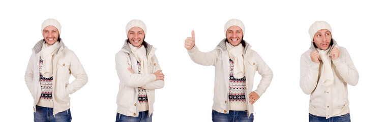 Young man in winter clothes isolated on white