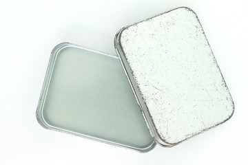 gray silver or steel box old open cover top view on white background.