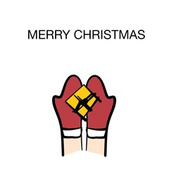Top view of cartoon hands, wearing red gloves, are holding a yellow gift box. A card for Merry Christmas 