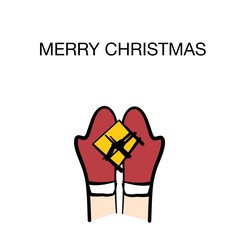 Top view of cartoon hands, wearing red gloves, are holding a yellow gift box. A card for Merry Christmas 