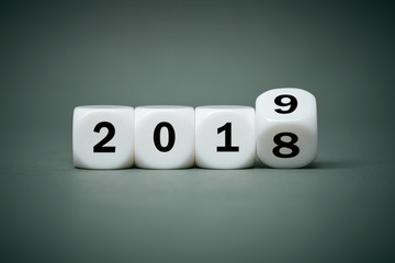 White cube with 2019 characters on neytral background