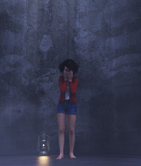 Lost girl standing alone in a dark room or asylum,3d rendering