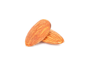 heap almonds on white background.