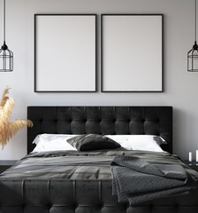 Bedroom interior with poster mockup, modern style, 3d render