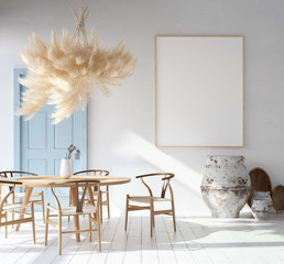 Home interior with poster mockup, Scandinavian Bohemian style, 3d render © artjafara