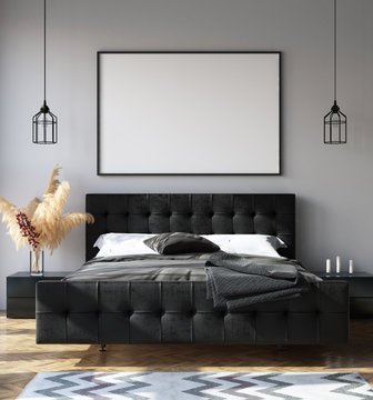 Bedroom interior with poster mockup, modern style, 3d render