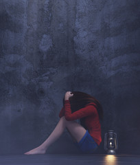 Stress girl sitting alone in a dark room or asylum,3d rendering