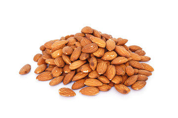 heap almonds on white background.