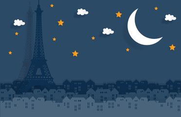 Fototapeta premium Paris in paper cute style with city and Eiffel tower, Night in Paris, France. Vector illustration.