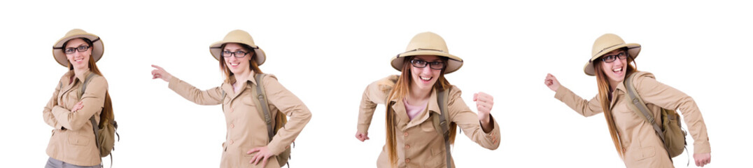 Fototapeta premium Woman wearing safari hat on white