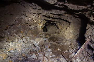 Underground abandoned gold iron ore mine shaft tunnel gallery passage