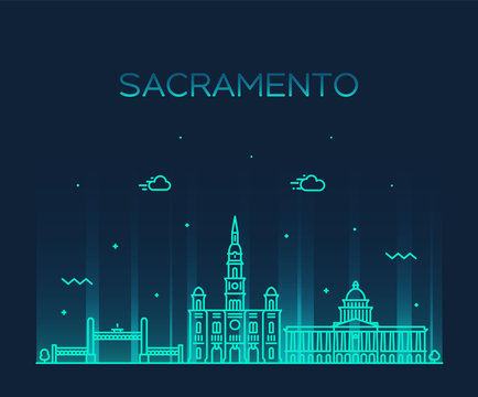 Sacramento Skyline California USA Vector Line City