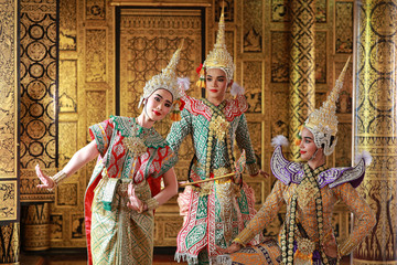 Beautiful portrait of Khon , dance drama genre from Thailand show in Phrakhaw  temple , public...